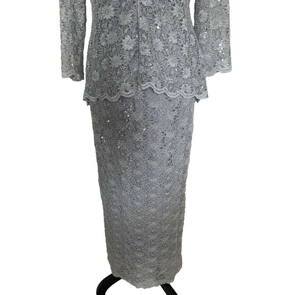 Vintage R&M Collection Lace Maxi Dress Womens Size 6 Pale Blue Sequins & Jacket - Picture 3 of 16